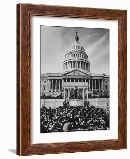 Pres. Lyndon B. Johnson Taking Oath of Office During Inauguration Ceremonies-John Dominis-Framed Photographic Print