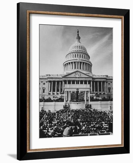 Pres. Lyndon B. Johnson Taking Oath of Office During Inauguration Ceremonies-John Dominis-Framed Photographic Print