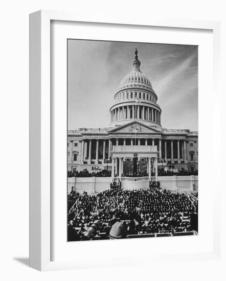 Pres. Lyndon B. Johnson Taking Oath of Office During Inauguration Ceremonies-John Dominis-Framed Photographic Print