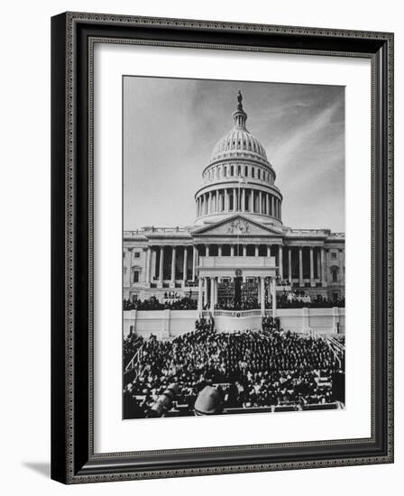 Pres. Lyndon B. Johnson Taking Oath of Office During Inauguration Ceremonies-John Dominis-Framed Photographic Print