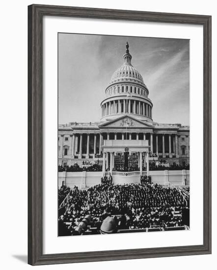 Pres. Lyndon B. Johnson Taking Oath of Office During Inauguration Ceremonies-John Dominis-Framed Photographic Print