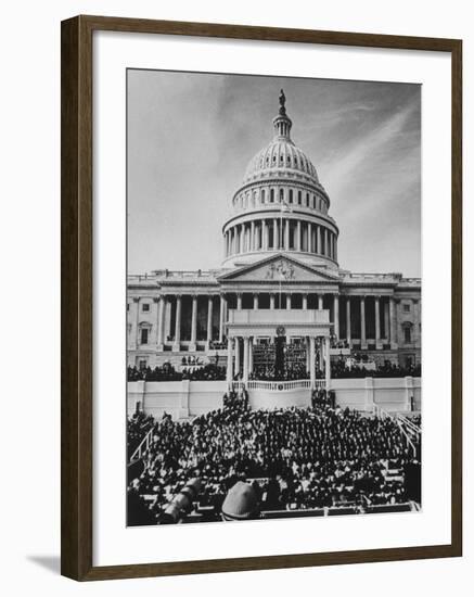 Pres. Lyndon B. Johnson Taking Oath of Office During Inauguration Ceremonies-John Dominis-Framed Photographic Print