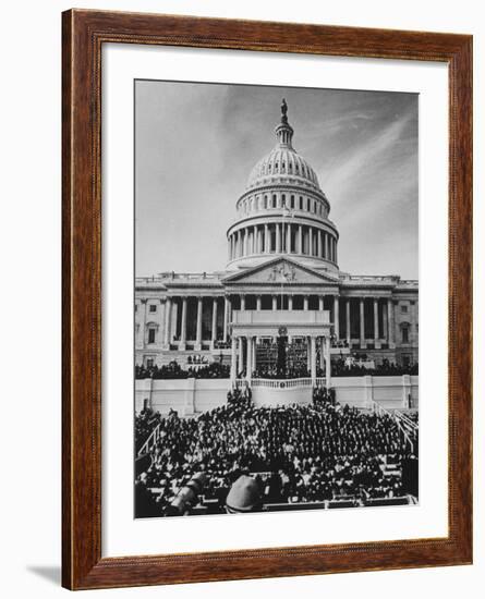 Pres. Lyndon B. Johnson Taking Oath of Office During Inauguration Ceremonies-John Dominis-Framed Photographic Print