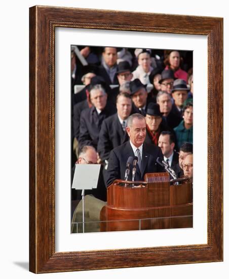 Pres. Lyndon Johnson Speaking at His Inauguration-null-Framed Photographic Print