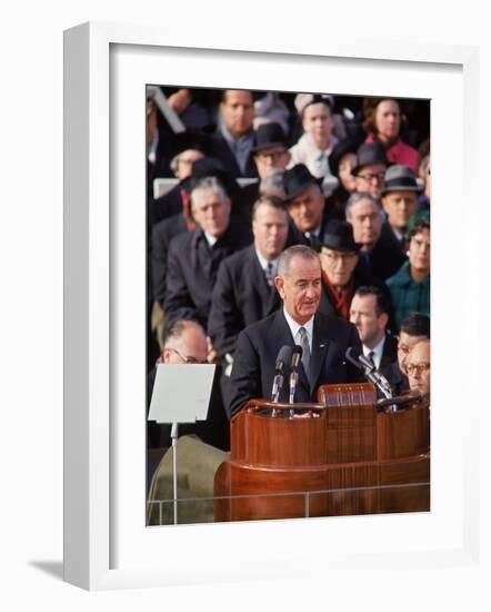 Pres. Lyndon Johnson Speaking at His Inauguration-null-Framed Photographic Print