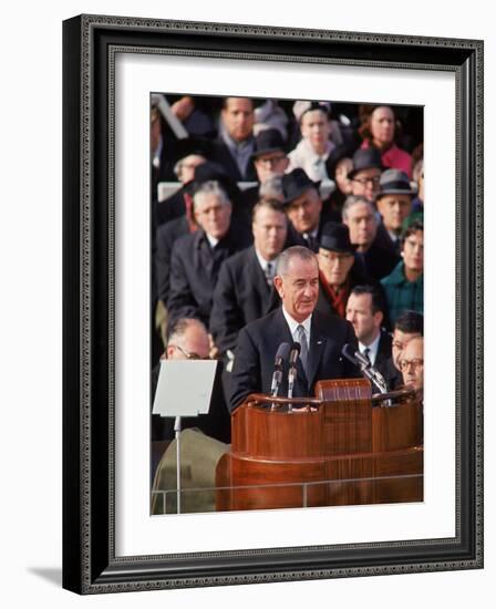 Pres. Lyndon Johnson Speaking at His Inauguration-null-Framed Photographic Print