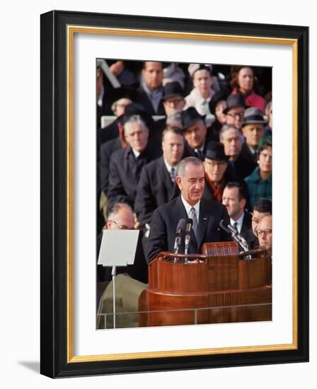 Pres. Lyndon Johnson Speaking at His Inauguration-null-Framed Photographic Print