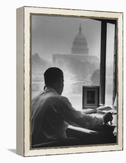 Pres. of Teamsters Union Jimmy Hoffa Talking on Phone-Hank Walker-Framed Premier Image Canvas