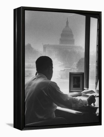 Pres. of Teamsters Union Jimmy Hoffa Talking on Phone-Hank Walker-Framed Premier Image Canvas