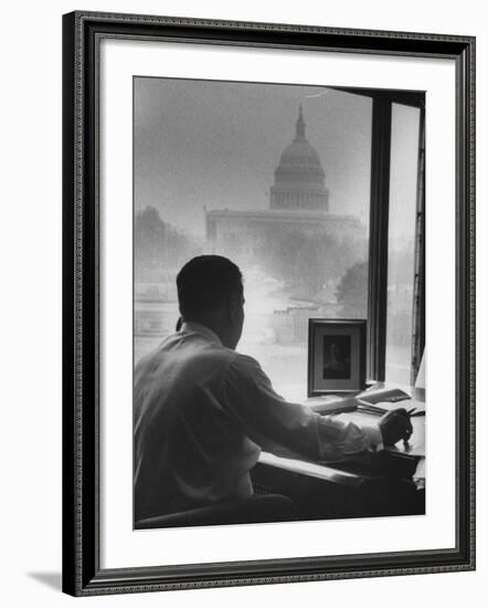 Pres. of Teamsters Union Jimmy Hoffa Talking on Phone-Hank Walker-Framed Premium Photographic Print