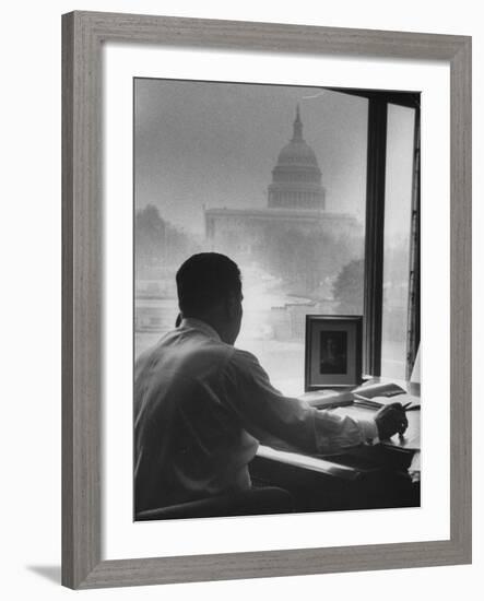 Pres. of Teamsters Union Jimmy Hoffa Talking on Phone-Hank Walker-Framed Premium Photographic Print