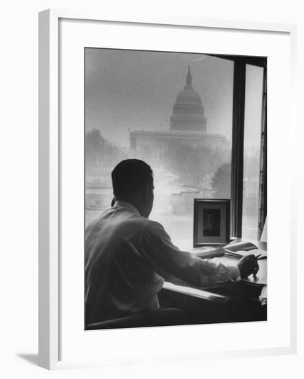 Pres. of Teamsters Union Jimmy Hoffa Talking on Phone-Hank Walker-Framed Premium Photographic Print