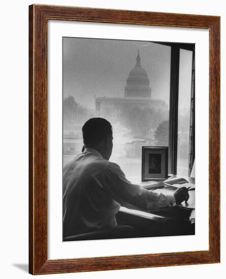 Pres. of Teamsters Union Jimmy Hoffa Talking on Phone-Hank Walker-Framed Premium Photographic Print