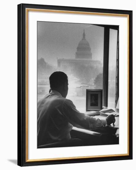 Pres. of Teamsters Union Jimmy Hoffa Talking on Phone-Hank Walker-Framed Premium Photographic Print