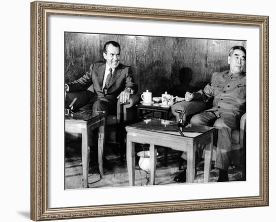 Pres Richard Nixon and Premier Chou En-Lai before First Plenary Session, Beijing, Feb 21, 1972-null-Framed Photo