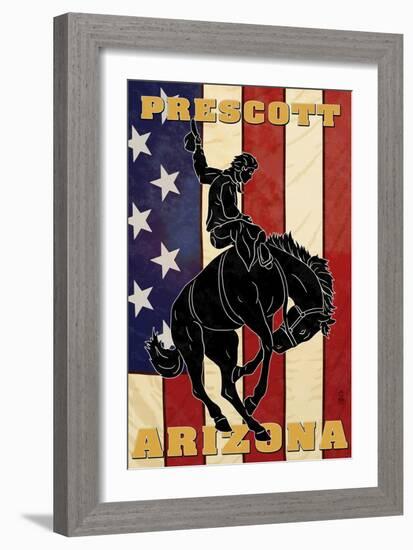 Prescott, Arizona - Bronco Bucking and Flag-Lantern Press-Framed Art Print