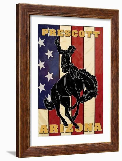 Prescott, Arizona - Bronco Bucking and Flag-Lantern Press-Framed Art Print