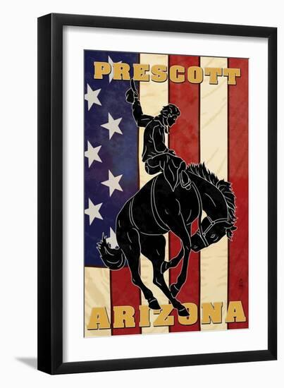 Prescott, Arizona - Bronco Bucking and Flag-Lantern Press-Framed Art Print