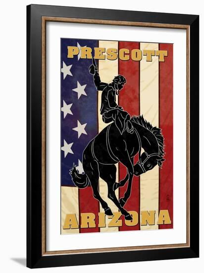 Prescott, Arizona - Bronco Bucking and Flag-Lantern Press-Framed Art Print