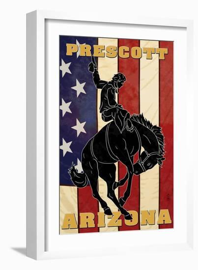 Prescott, Arizona - Bronco Bucking and Flag-Lantern Press-Framed Art Print