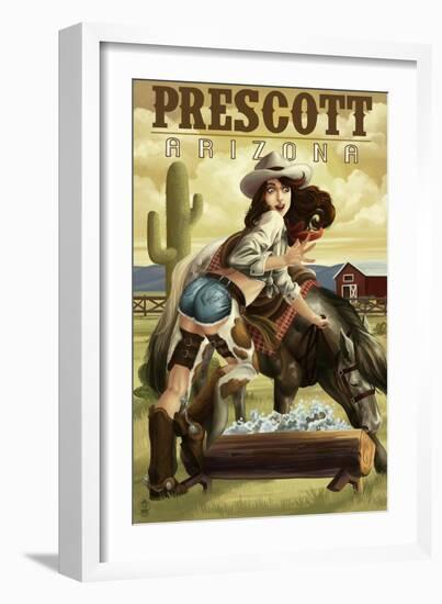 Prescott, Arizona - Cowgirl Pinup-Lantern Press-Framed Art Print