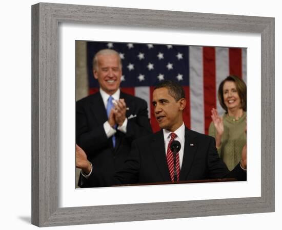 President Barack Obama Acknowledges Applause before His Address to a Joint Session of Congress-null-Framed Photographic Print