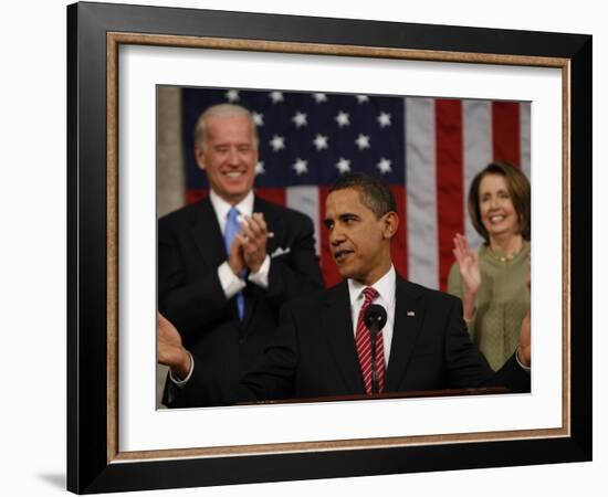 President Barack Obama Acknowledges Applause before His Address to a Joint Session of Congress-null-Framed Photographic Print