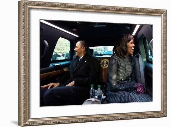 President Barack Obama and First Lady Michelle Obama Ride in the Inaugural Parade-null-Framed Photo
