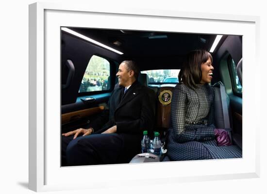 President Barack Obama and First Lady Michelle Obama Ride in the Inaugural Parade-null-Framed Photo