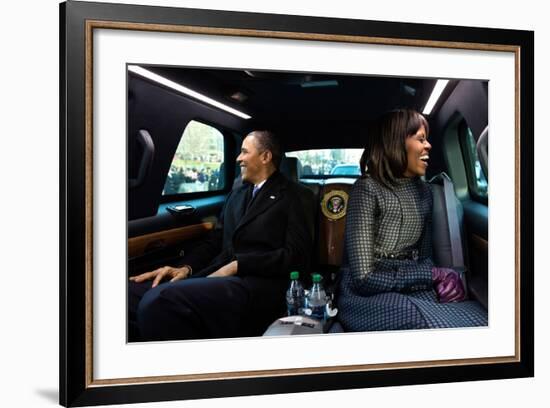 President Barack Obama and First Lady Michelle Obama Ride in the Inaugural Parade-null-Framed Photo
