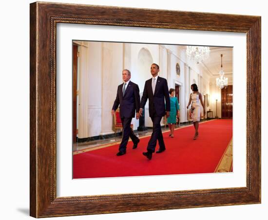 President Barack Obama and First Lady Michelle Obama Walk with Former President George W Bush-null-Framed Photo