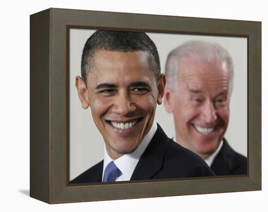 President Barack Obama and Vice President Joe Biden in the East Room of the White House-null-Framed Premier Image Canvas