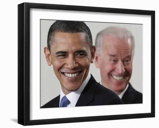 President Barack Obama and Vice President Joe Biden in the East Room of the White House-null-Framed Premium Photographic Print