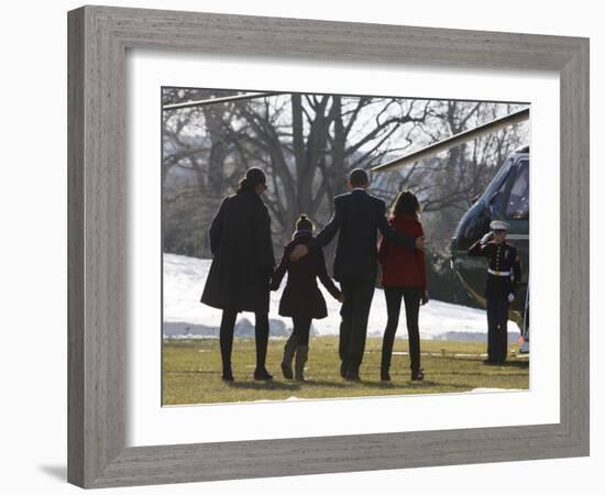 President Barack Obama anf Family Walk on the South Lawn of the White House in Washington-null-Framed Photographic Print