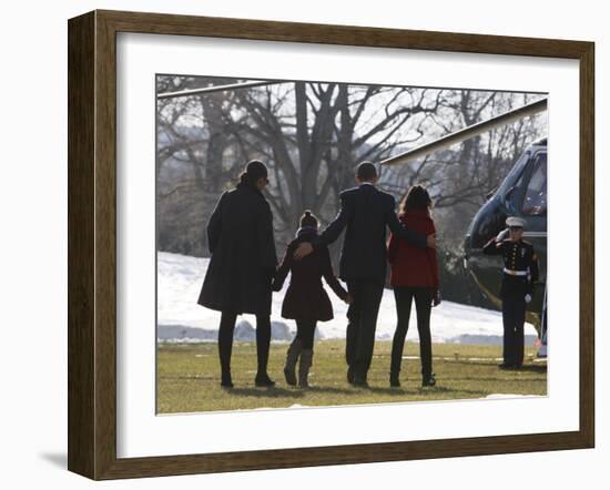 President Barack Obama anf Family Walk on the South Lawn of the White House in Washington-null-Framed Photographic Print