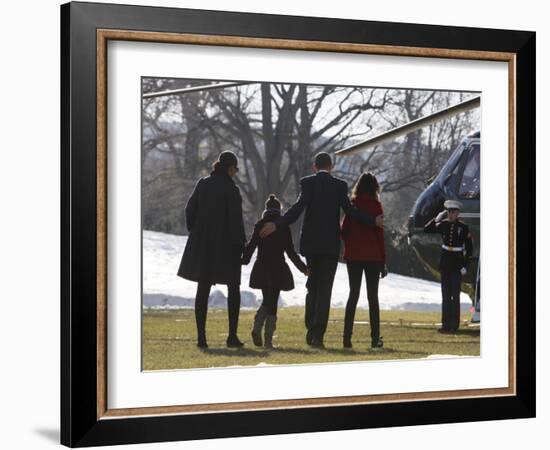 President Barack Obama anf Family Walk on the South Lawn of the White House in Washington-null-Framed Photographic Print