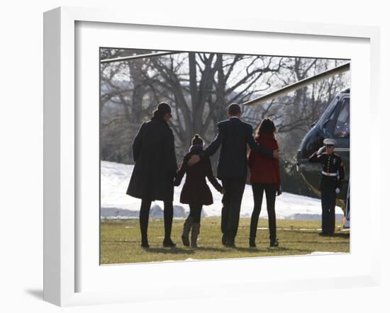 President Barack Obama anf Family Walk on the South Lawn of the White House in Washington-null-Framed Photographic Print