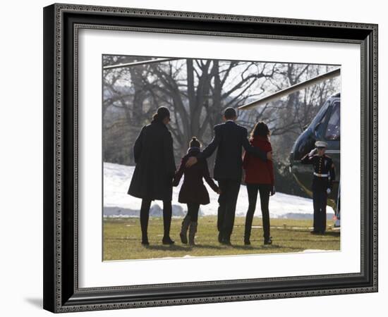 President Barack Obama anf Family Walk on the South Lawn of the White House in Washington-null-Framed Photographic Print