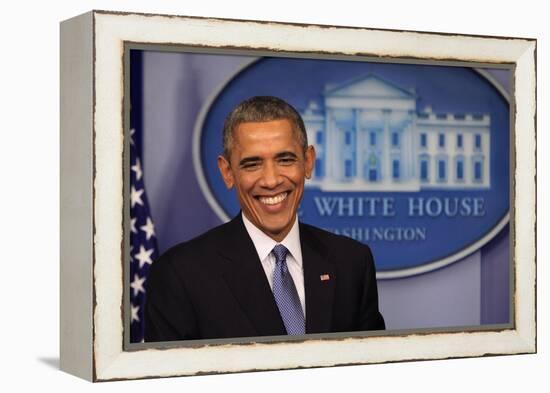 President Barack Obama at a News Conference, Brady Press Briefing Room-Dennis Brack-Framed Premier Image Canvas
