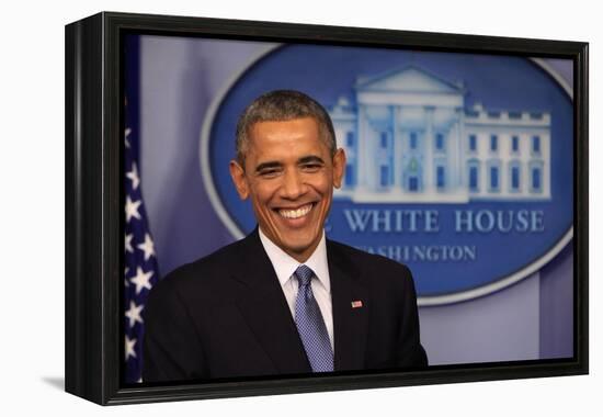 President Barack Obama at a News Conference, Brady Press Briefing Room-Dennis Brack-Framed Premier Image Canvas