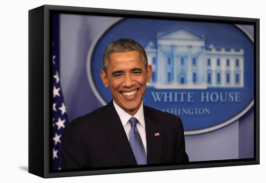 President Barack Obama at a News Conference, Brady Press Briefing Room-Dennis Brack-Framed Premier Image Canvas