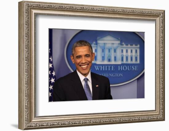 President Barack Obama at a News Conference, Brady Press Briefing Room-Dennis Brack-Framed Photographic Print