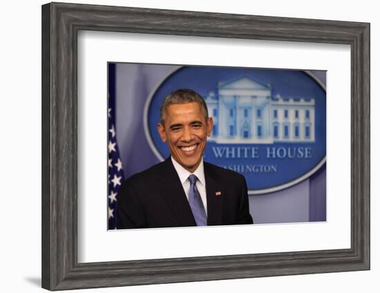 President Barack Obama at a News Conference, Brady Press Briefing Room-Dennis Brack-Framed Photographic Print