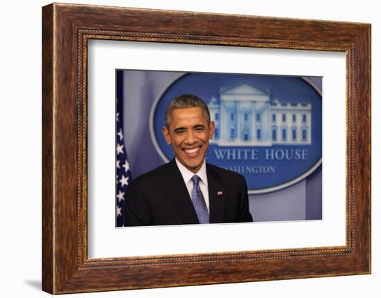 President Barack Obama at a News Conference, Brady Press Briefing Room-Dennis Brack-Framed Photographic Print