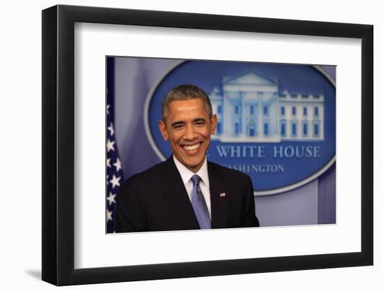 President Barack Obama at a News Conference, Brady Press Briefing Room-Dennis Brack-Framed Photographic Print