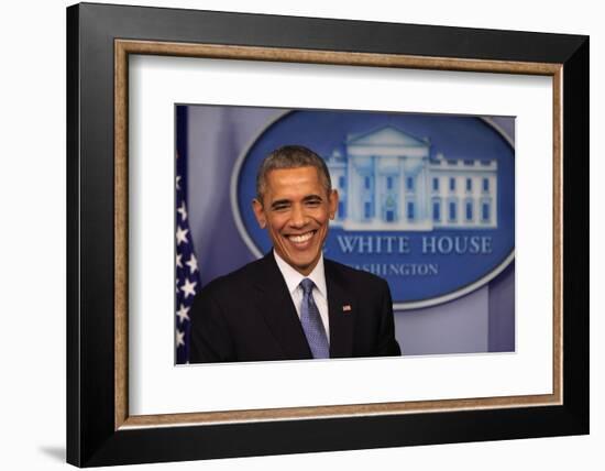 President Barack Obama at a News Conference, Brady Press Briefing Room-Dennis Brack-Framed Photographic Print