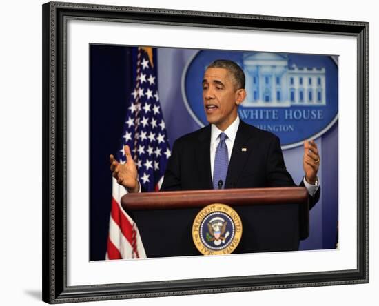 President Barack Obama at a News Conference, Brady Press Briefing Room-Dennis Brack-Framed Photographic Print