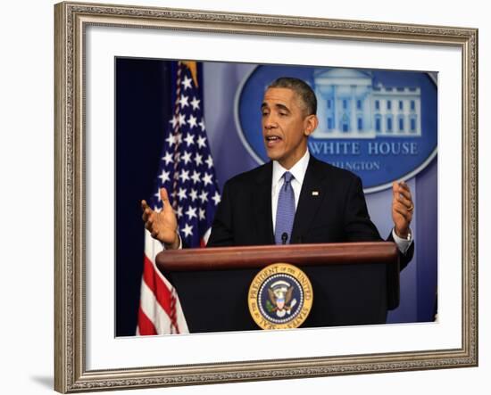 President Barack Obama at a News Conference, Brady Press Briefing Room-Dennis Brack-Framed Photographic Print