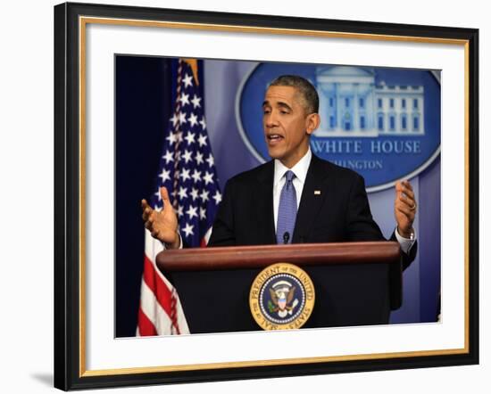 President Barack Obama at a News Conference, Brady Press Briefing Room-Dennis Brack-Framed Photographic Print