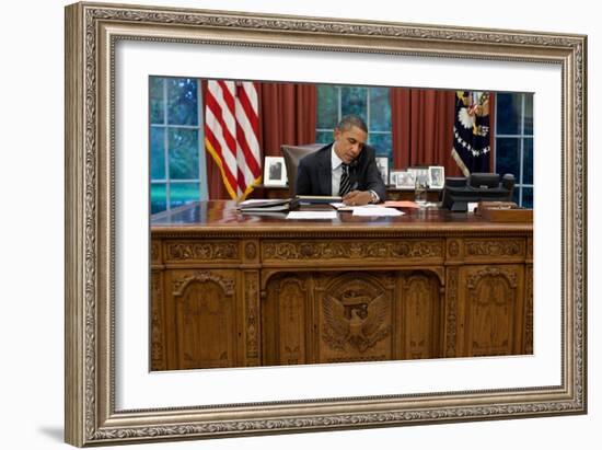 President Barack Obama at His Oval Office Desk, Sept. 7, 2011-null-Framed Premium Photographic Print